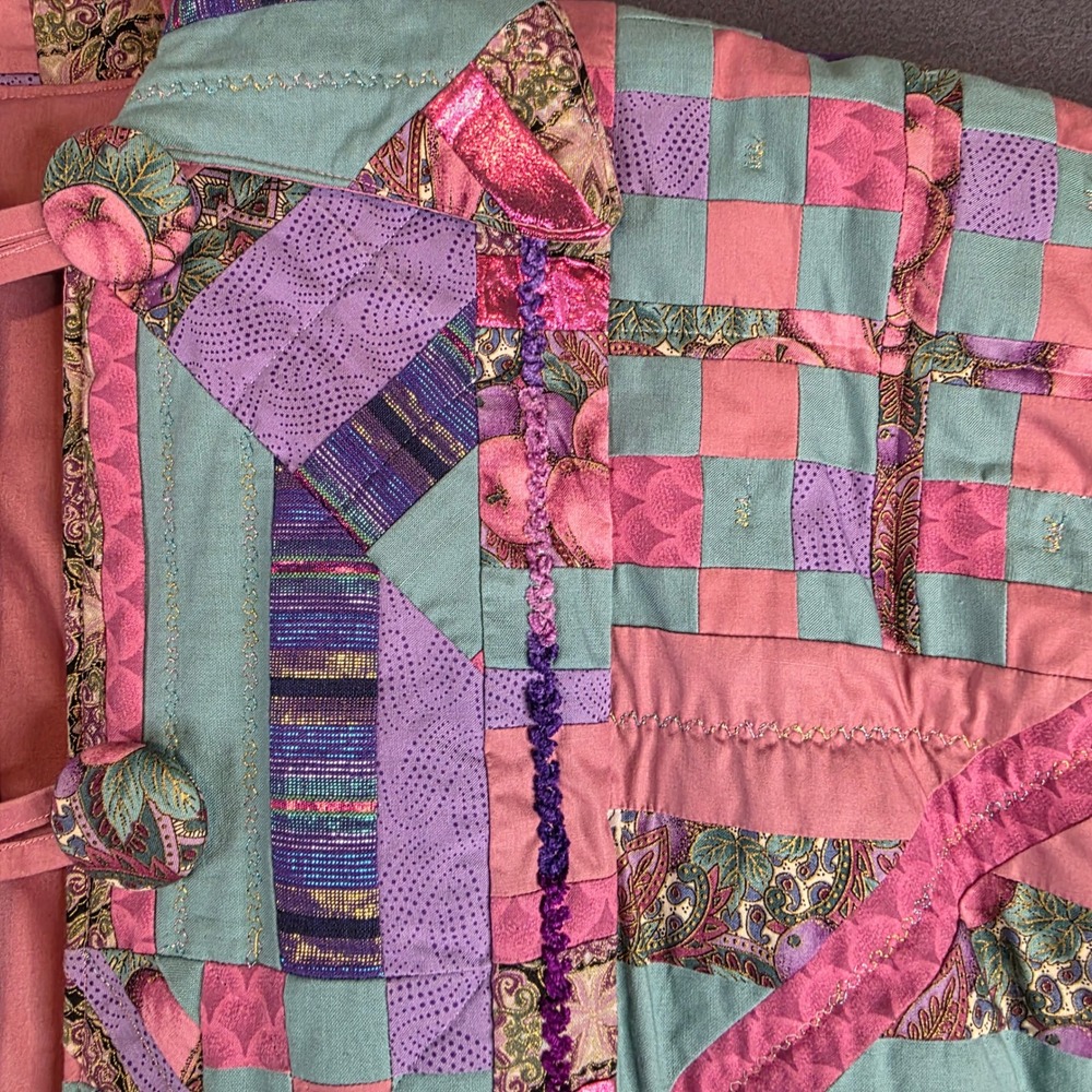 Handmade Quilted Patchwork Jacket Womens XL Pink Purple Teal Wearable Art Boho - Picture 4 of 12